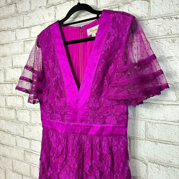 Temperley London Dress Florence Lace Midi Short Sleeve Ruffle Purple 6 - Picture 2 of 7